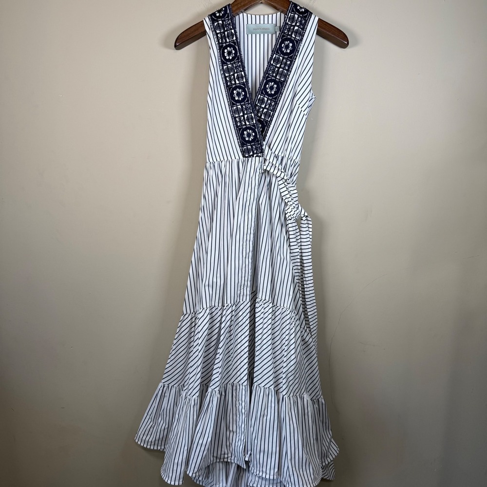 Silvia Tcherassi Aine Dress White/Navy Stripe Tiered Wrap Dress Small